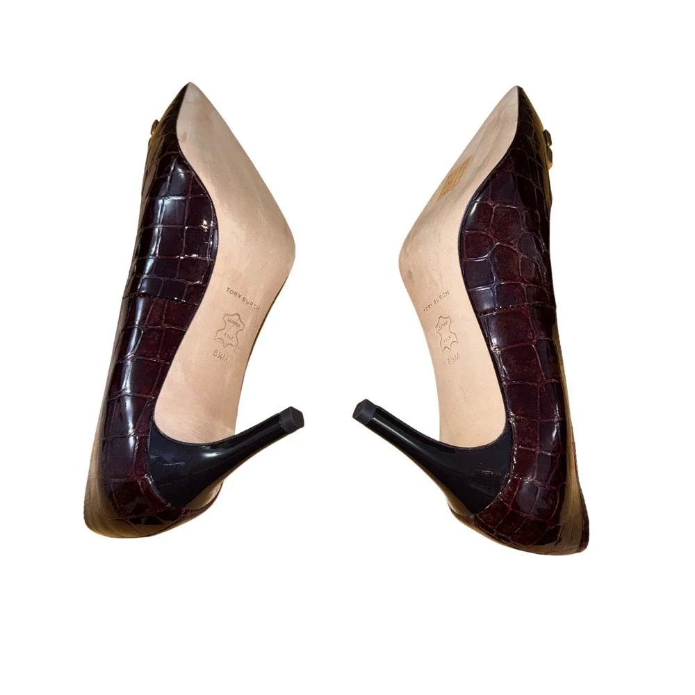Tory Burch Eleanor Womens 6.5M Pre-Owned Heels Burgundy Croc Embossed Gold Logo